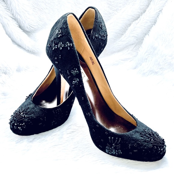 Badgley Mischka Black SANOMA Embellished beaded Lace heels Sz 7 1/2 M - Picture 2 of 11